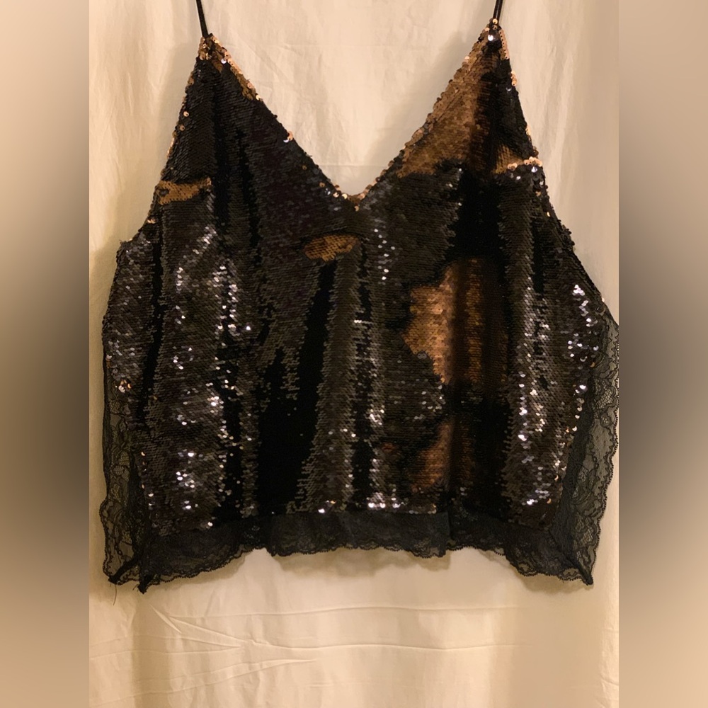 Intimately Free People Black & Gold Sequins Slit Sides Trimmed With Black Lace